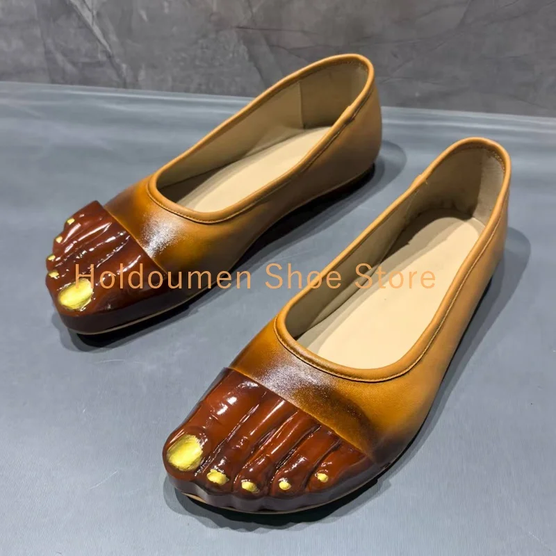 Black Apricot Leather Unique Five Toe Design Shallow Mouth Women's Flat Shoe Spring Autumn Slip On Versatile Fashion Casual Shoe