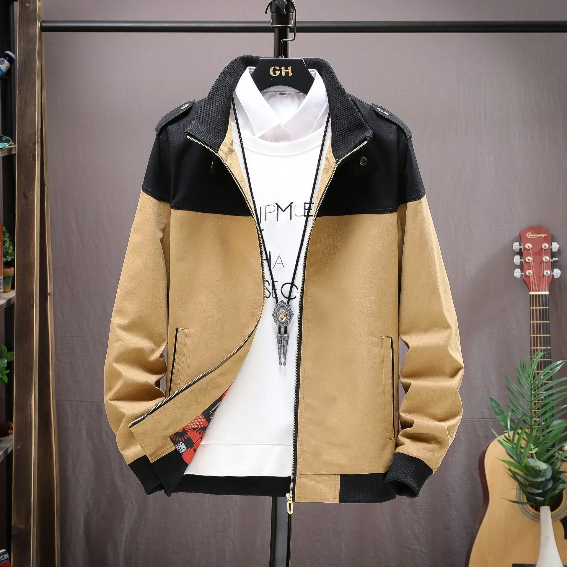 

Autumn 2024 Men's Slim Fit Pure Cotton Stand Collar Jacket Teenagers Dual-Color Patchwork Casual Jacket