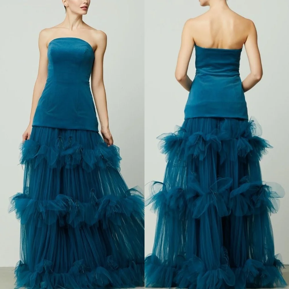 

Customized Intricate Modern Style Tulle Tiered Pleat A-line Strapless Long Dresses Bespoke Occasion Dresses Matching Elegant