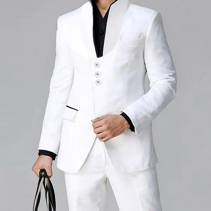 

Trendy Asymmetric Single Button White Stand Collar Wedding Dress Coat Large Size Iron Free Stage Performance Singer Outfit