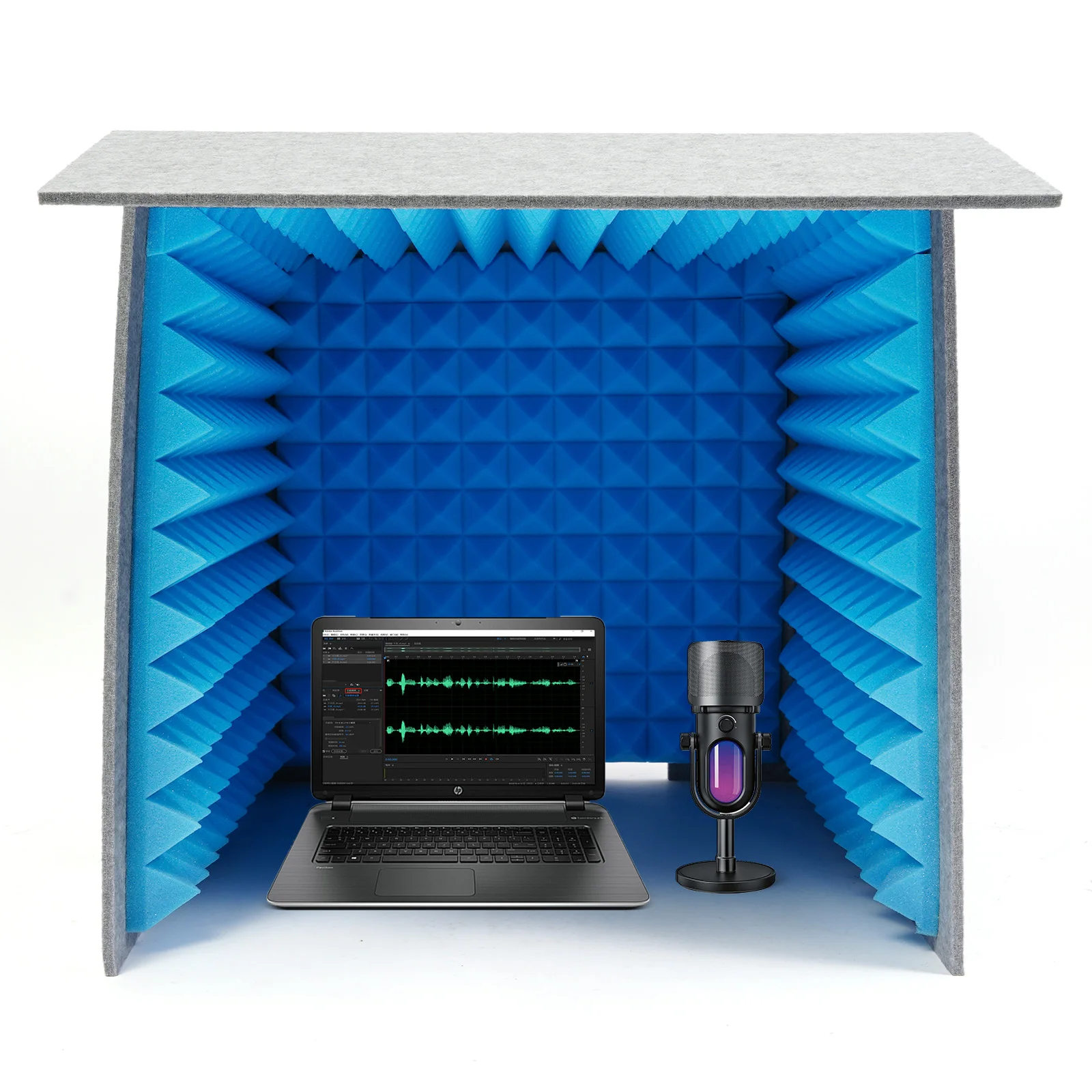 Foldable Desktop Soundproof Shield, 60cm Size Vocal Recording Booth, 50mm Sponge Studio Vocal Filter, Acoustic Isolation Screen, Portable Mic Enclosure, Home Podcast Booth, Tabletop Sound Absorbing Cover, Gray Blue Recording Shield view 5
