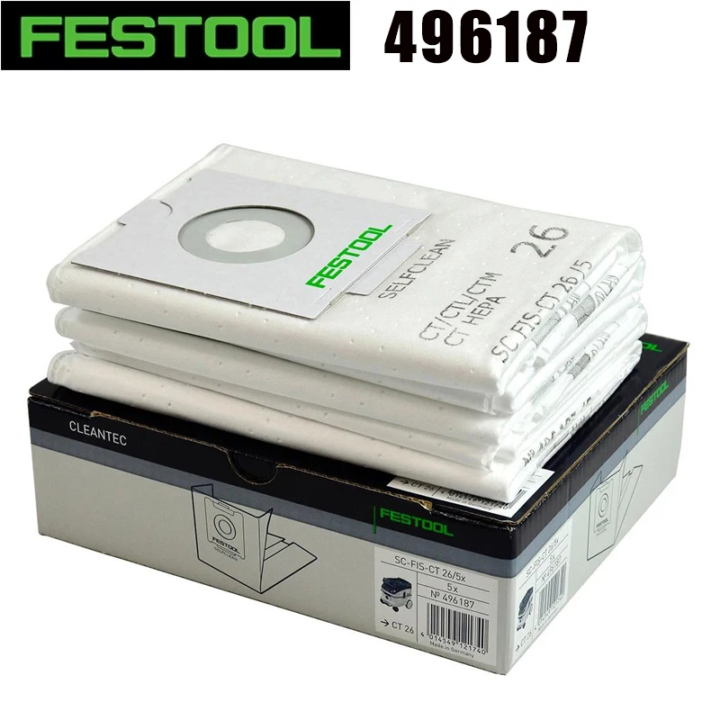 

FESTOOL 496187 SC FIS-CT 26/5x Selfclean HEPA Replacement Dust Filter Bags Fits CT 26 CTL 26 CTM 26 CT Dust Extractors 5-Pack