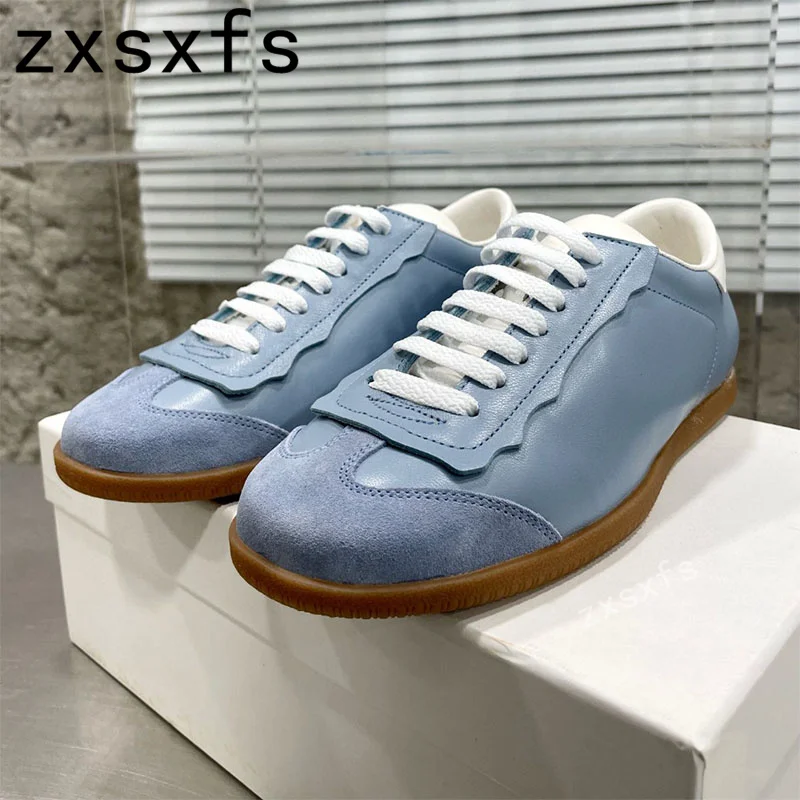 

2023 Brand Designer New Leather Suede Patchwork Flats Shoes Women Round Toe Lace Up Thick Sole Shoes Casual Walking Shoes