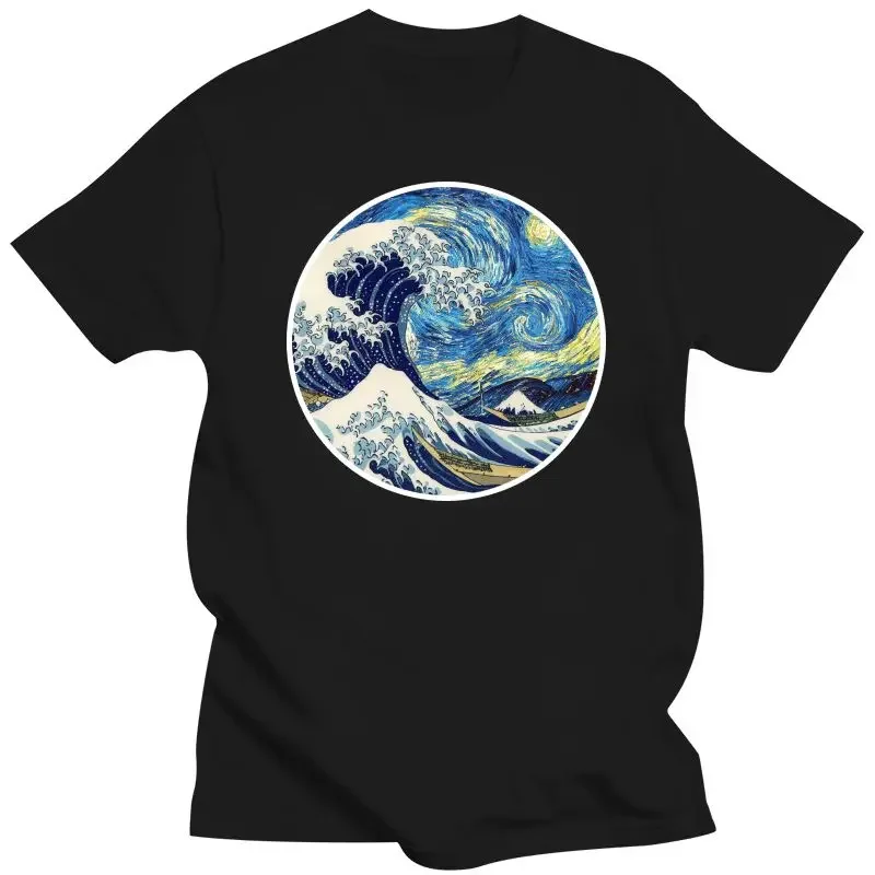 Arrival fashion heavyweight New The Great Wave on Starry Night Tshirt hokusai great wave off kanagawa van gogh starry night oil