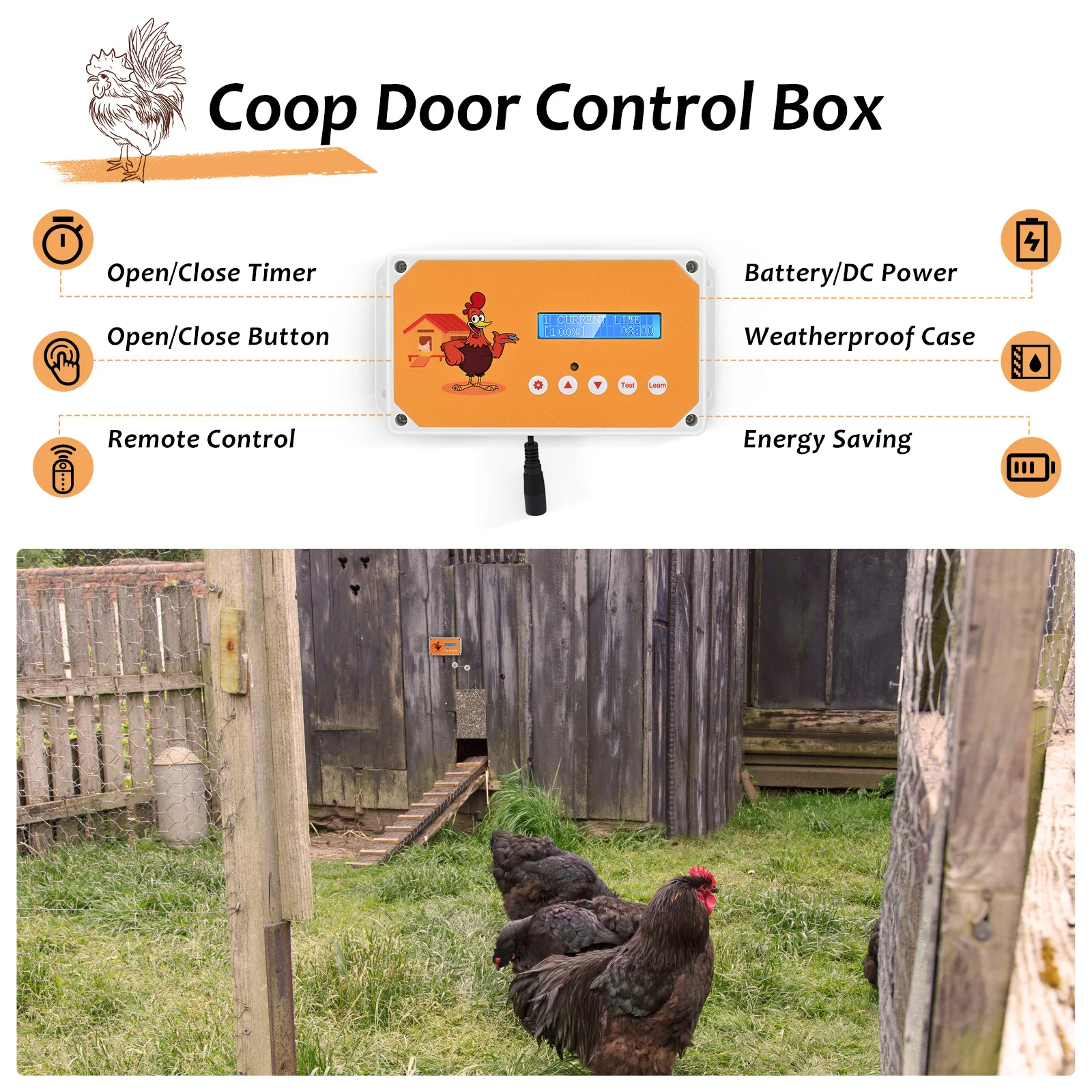 Automatic Chicken Coop Door Openers Controller LCD Screen Timer Light Sensor Solar Battery Electric Power Poultry House Flap