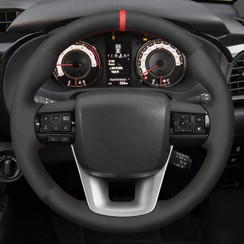 Black Genuine Leather Suede Hand-Stitched Car Steering Wheel Cover Car Accessories For Toyota Fortuner 2016-2019 Hilux 2015-2019