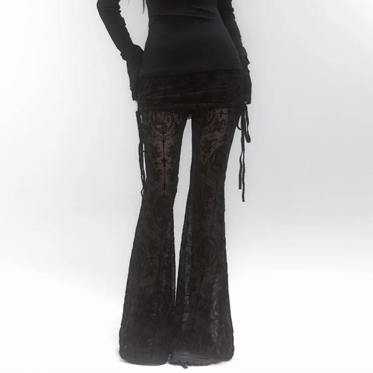 Temperament Subculture Fake Two-piece Black Lace Micro-flared Pants Goth Women High Waist Versatile Fashion Versatile Trousers
