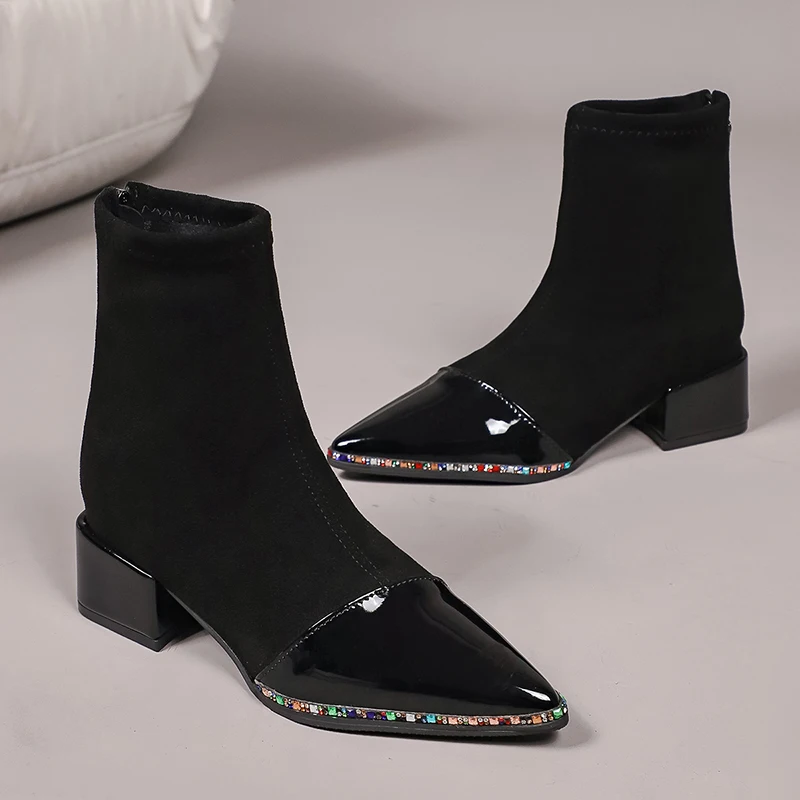 بلورات فاخرة أشار تو حذاء من الجلد النساء حجم كبير 42 عودة سستة كعب سميك أحذية امرأة موضة الجوارب القصيرة الدافئة Mujer #4