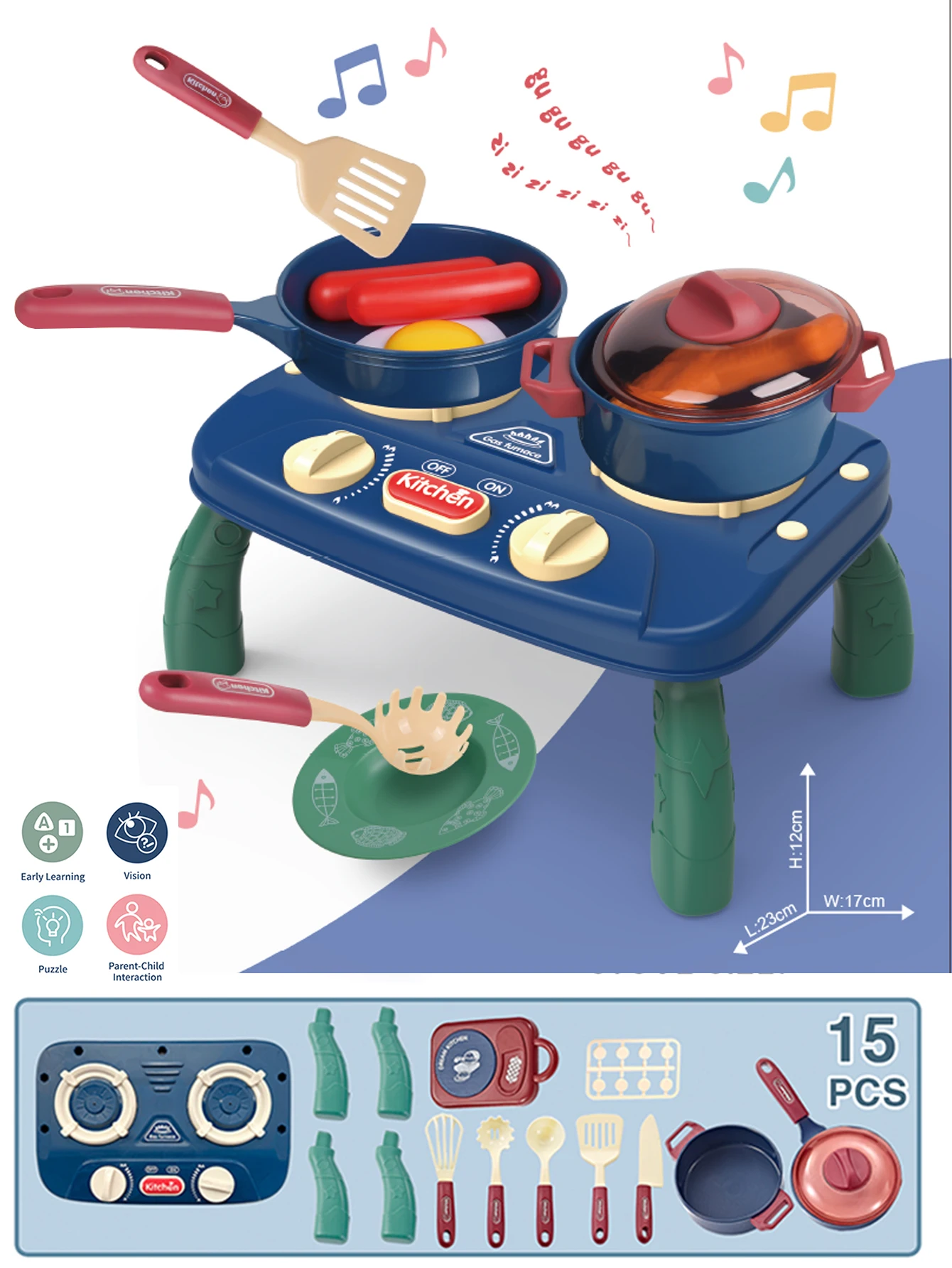 ชุดครัวเด็กเล่นบทบาทสมมติ ทำอาหาร ของเล่นเตาจำลองพร้อมเอฟเฟกต์แสงและเสียง ชุดทำอาหารสำหรับเด็กผู้หญิง ของเล่นเสริมสร้างปฏิสัมพันธ์ระหว่างพ่อแม่ลูกในวันหยุด