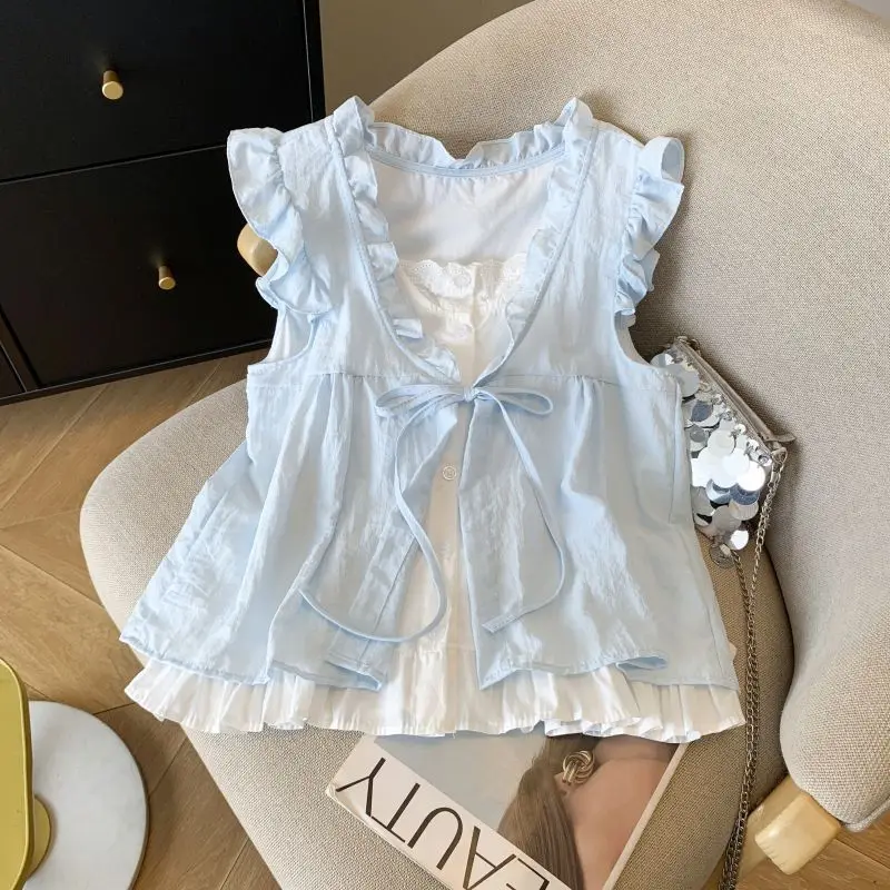 

Korean Y2k Fake Two Piece Loose Shirt Women Summer Sleeveless Fungus Blouses 2025 New Lace Up All-match Blusas De Mujer