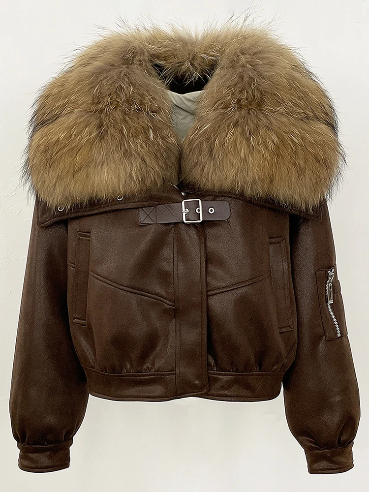 2025 جديد إمرأة كبير الطبيعية الثعلب الفراء طوق معطف سميك الملابس الشتوية رقيق سترة منفوخة الإناث قصيرة سترة من جلد الغزال سيدة #6