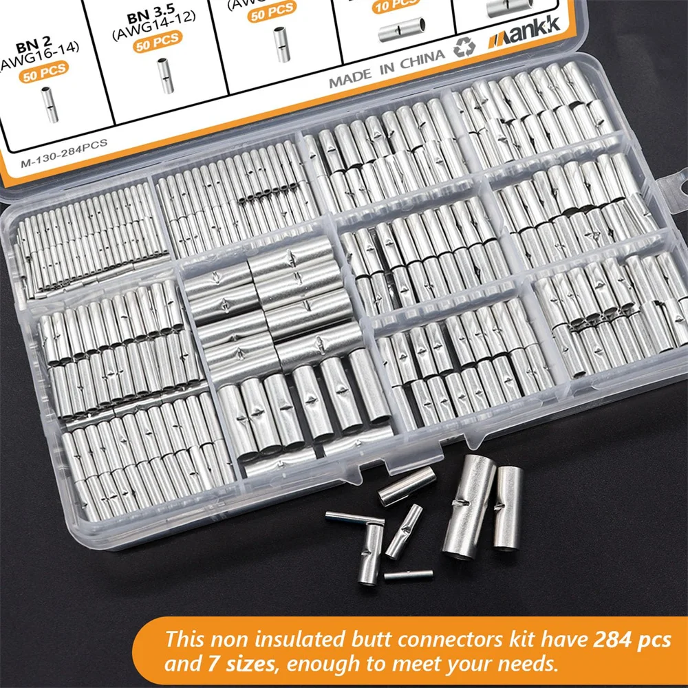 284PCS Non Insulated Butt Connectors Kit 26-6 Gauge Tinned Copper Butt Connector Uninsulated Butt Connector Wire Crimp Connector