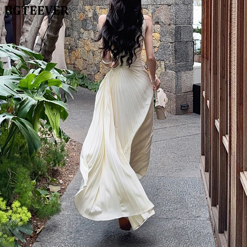 BGTEEVER Spring Summer Elegant Diagonal Collar Female Sleeveless Pleated Dress Fashion Slim Waist Hollow Out Women A-line Dress