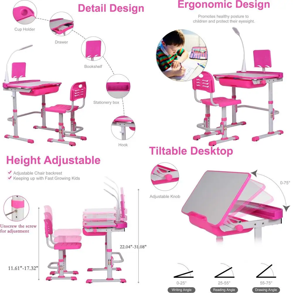 

Набор детского стола и стула с регулируемой высотой, светодиодной подсветкой, выдвижным ящиком для хранения и подставкой для книг, розовый