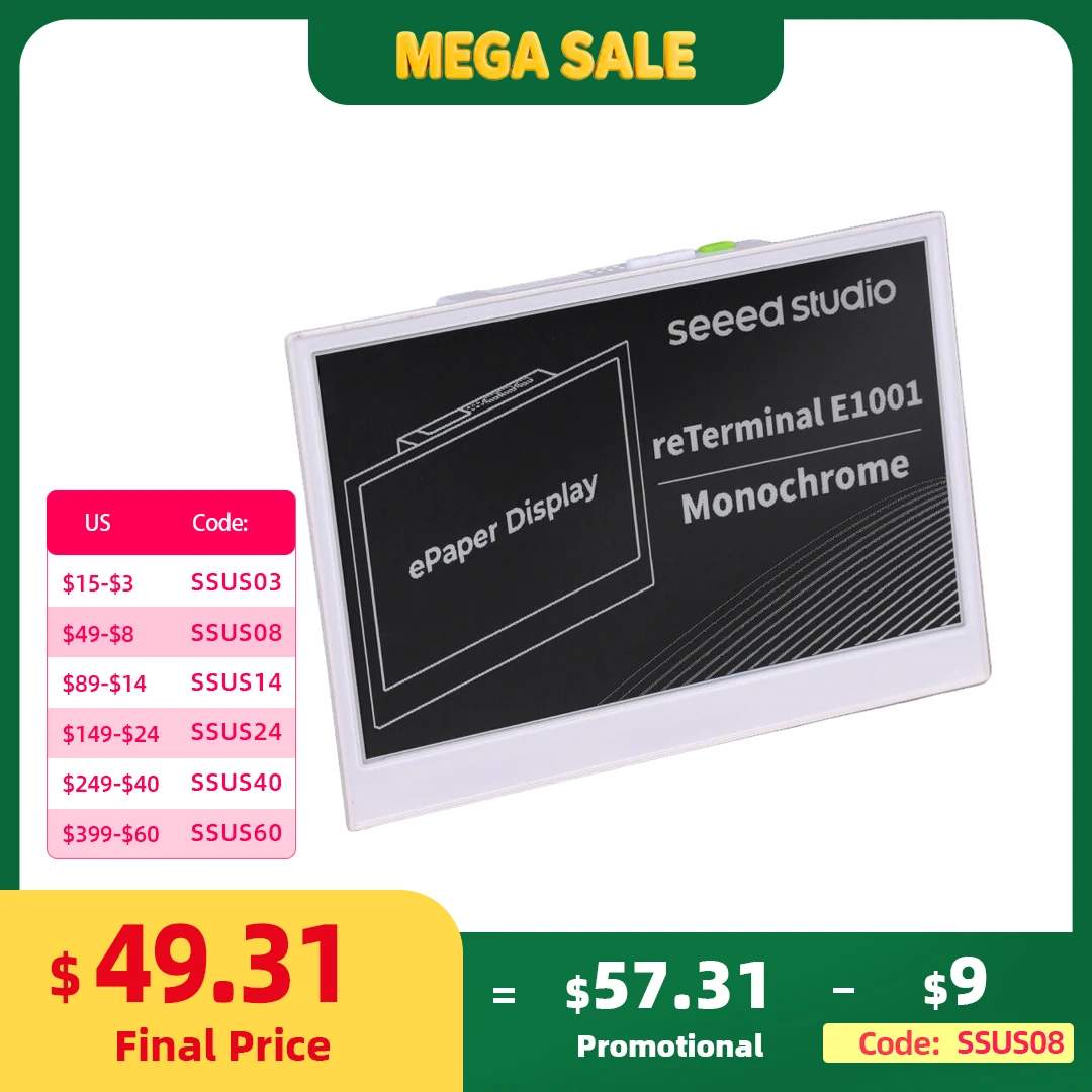 

reTerminal E1001 Monochrome ePaper Display, 7.5 inch E Ink Screen Dashboard, ESP32-S3, Home Assistant, TRMNL, Arduino, ESP-IDF