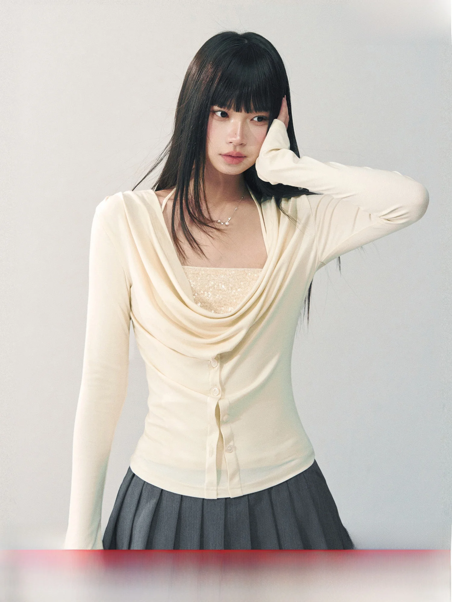 

RECOIN RC Early Spring Long Sve T-irt Women's Sequin Strap Vest Two-Piece Set Casual Sle Slim Fit Fiber Blend Top