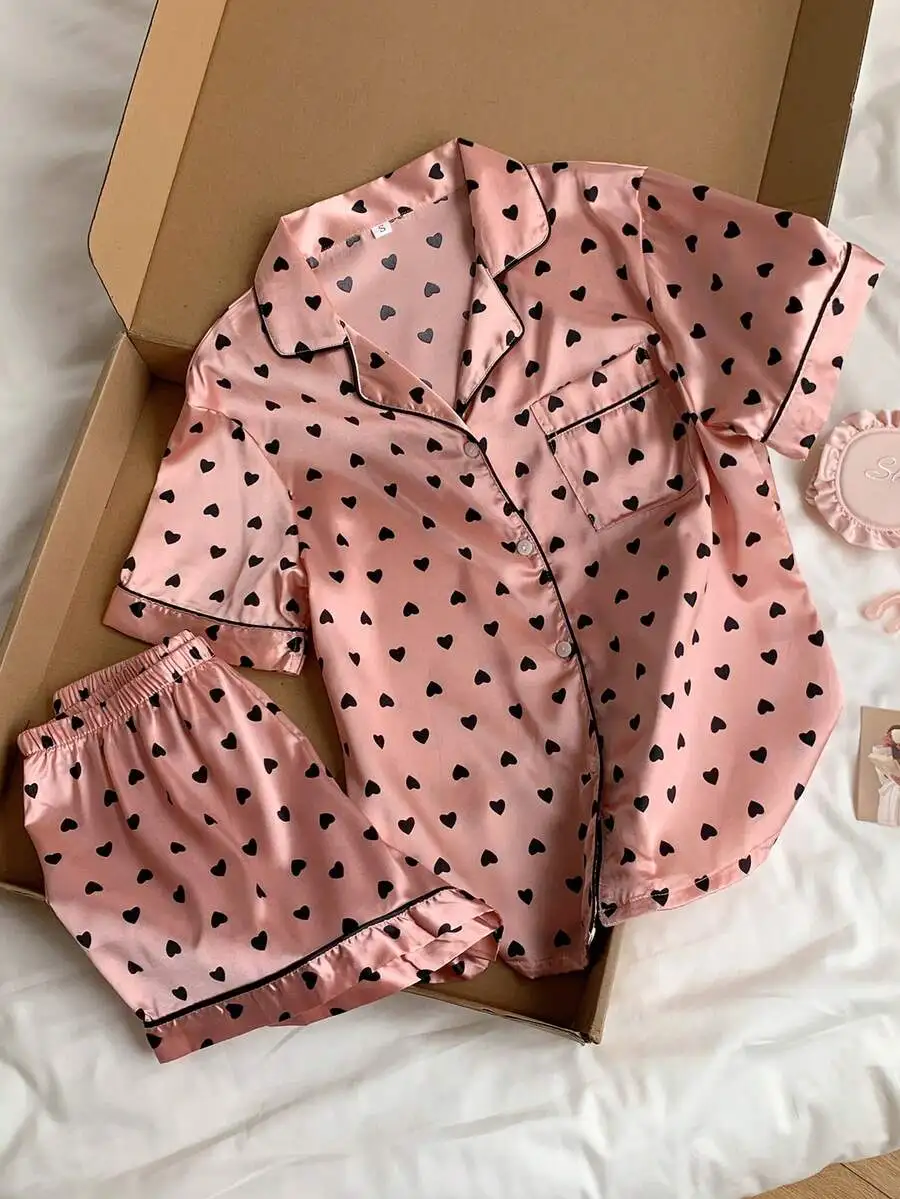 

Pink Heart Print Satin Pajama Set With Contrast Piping