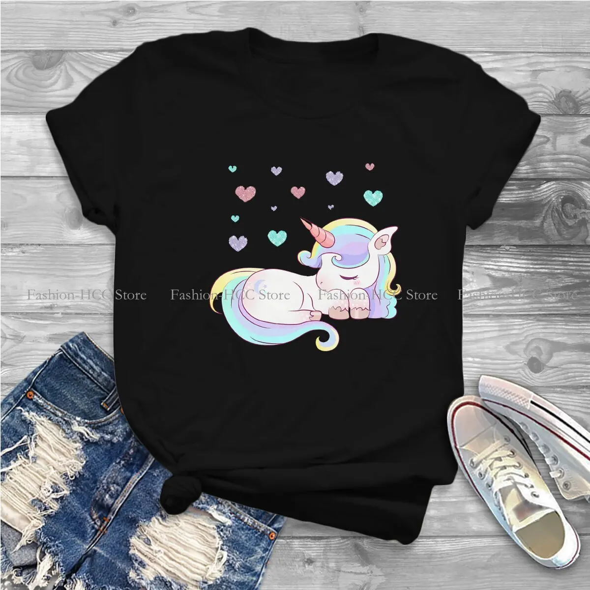 Unicorn Cute Polyester TShirt for Women Cute Boho  With Colorful Hearts Classic Soft Leisure Tee T Shirt High Quality New Design