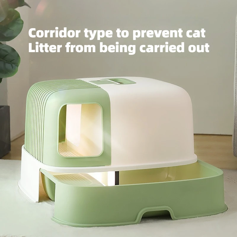Long Channel Cat Litter Box with Drawer Enclosed Corridor-Style Large Toilet Odor Control Anti-Splash Litter Pan for Cats Odor