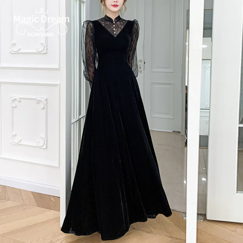 

Black Mesh Patchwork Design Long Sleeve Velvet Evening Dress O-neck Simple Elegant Temperament Prom Dresses Niche Formal Robe