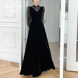 Customized Customized Black Mesh Patchwork Design Long Sleeve Velvet Evening Dress O-neck Simple Elegant Temperament Prom Dresse