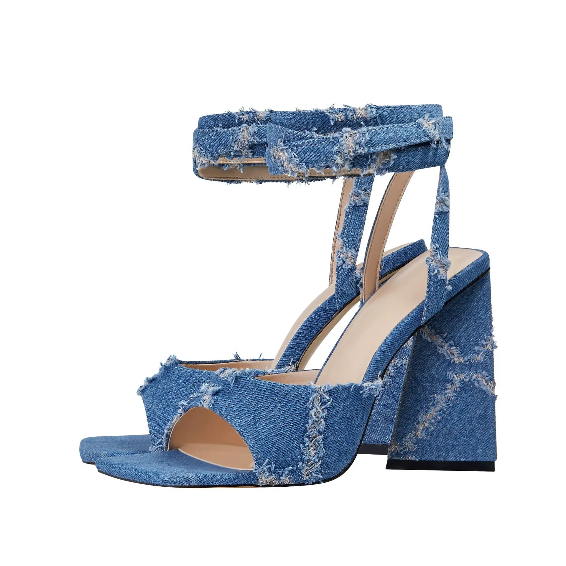 Denim Sandały Damskie Square Toe Women Pumps Ankle Strap Girls Sandals Thick High Heels Cross-Tied Huaraches Tear Flanging Salto