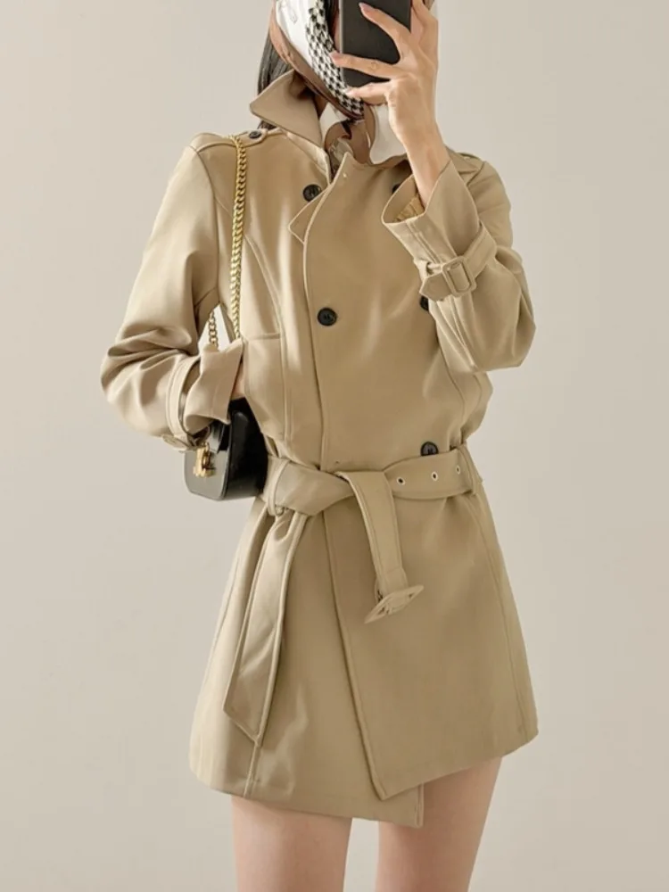 Chic Vintage Long Sleeve Windbreaker Coat Dress Women's Style Korean Fashion Belted Waist Tunic Dress Autumn Wear