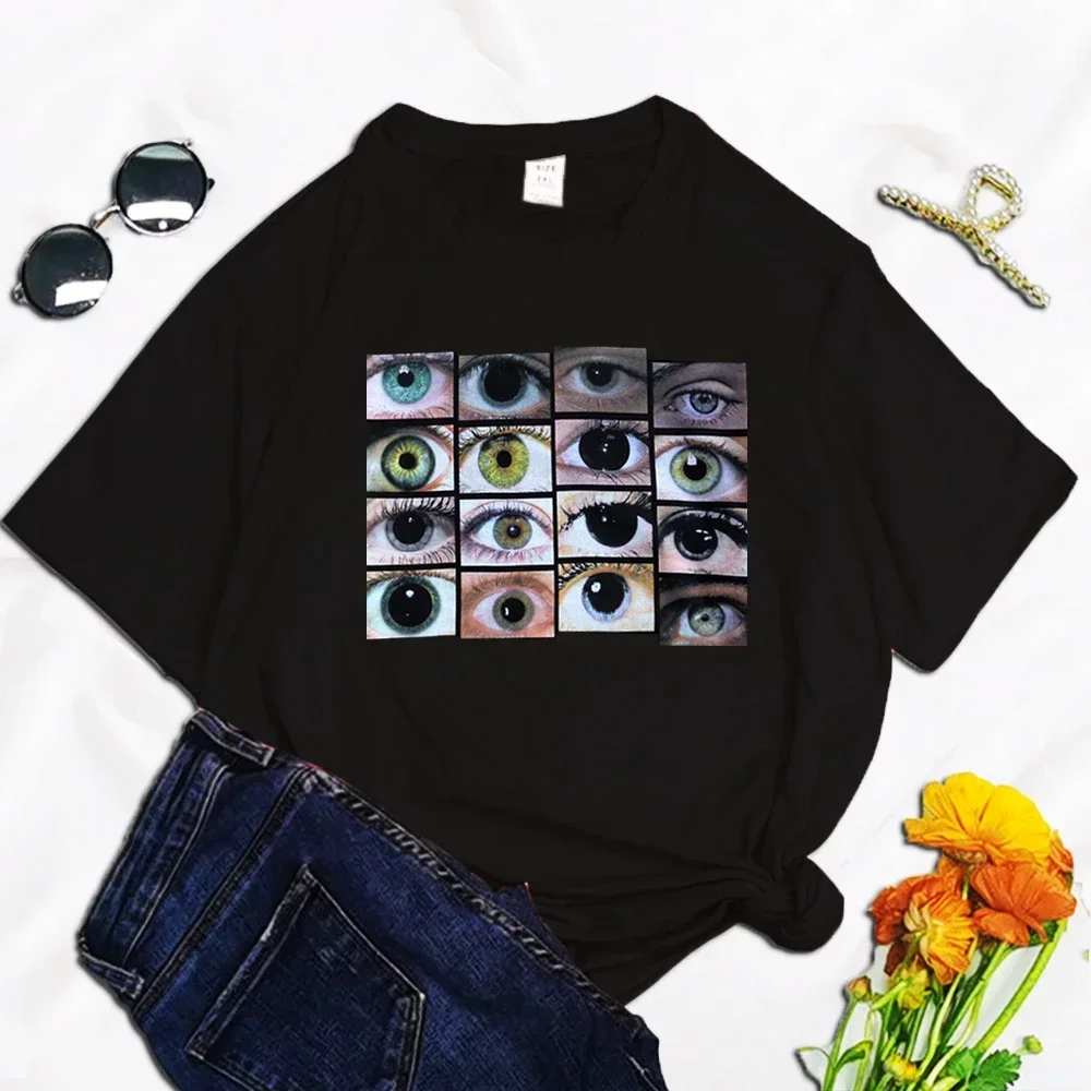 90s Hip Hop Eyes Gothic Funny Mujer Camisetas Black White Top T Shirts Aesthetics Graphic Short Sleeve t-shirt Polyester T-shirt