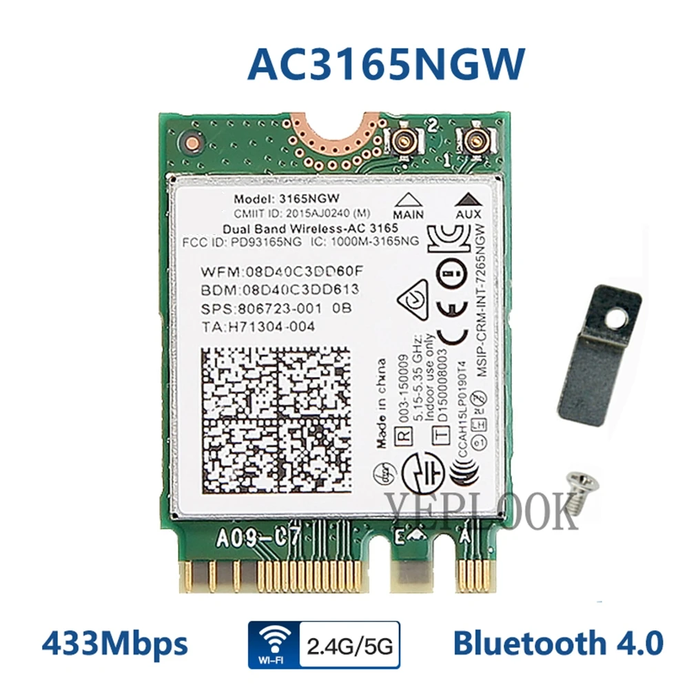 AC3165 3165NGW 433Mbps Dual Band 2.4Ghz e 5Ghz Bluetooth 4.0 802.11ac NGFF M.2 Cartão Wifi para HP ProBook 430 440 450 820 840 G3