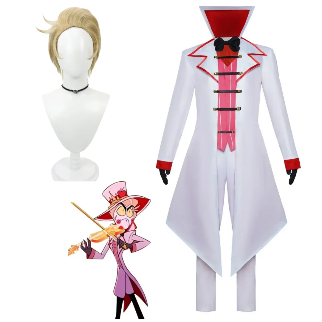 Hazbin Lucifer Cosplay Hotel Anime Morningstar Cosplay Costume Wig Daddy White Suit Devil Hell Halloween Party Adult Men Costume