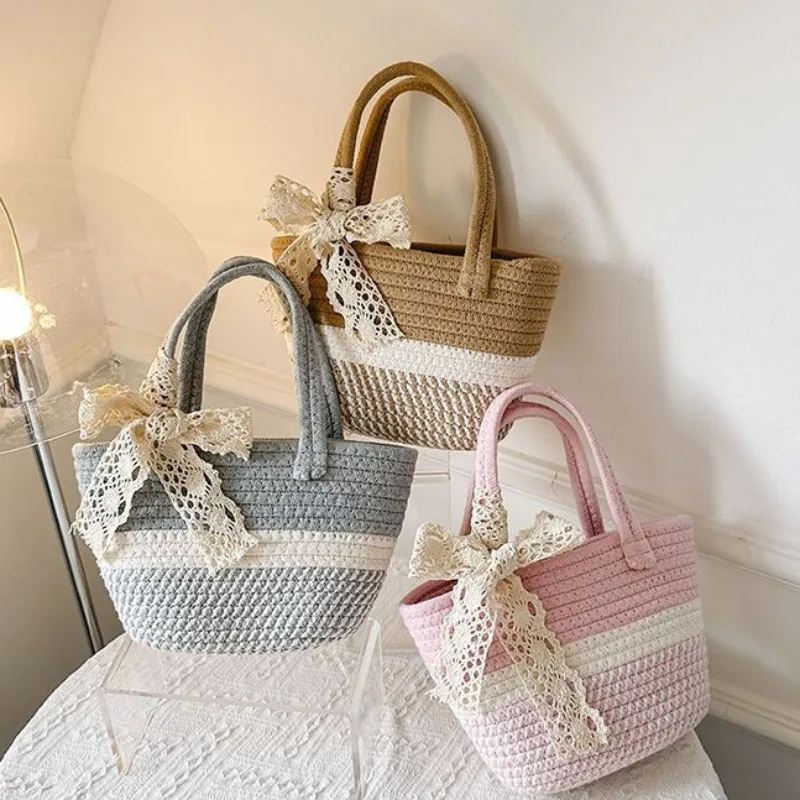 Grass Woven Bags Women's New Summer Travel Handmade Woven Bags Top-Handle Bags Snacks Bag Vegetable Baskets Handbags Bucket