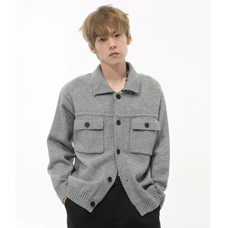 Fashion 2024 Winter Men's Cardigan Casual Single Breasted Big Pockets Solid Color Sweaters Trendy Loose Male Knits Tide