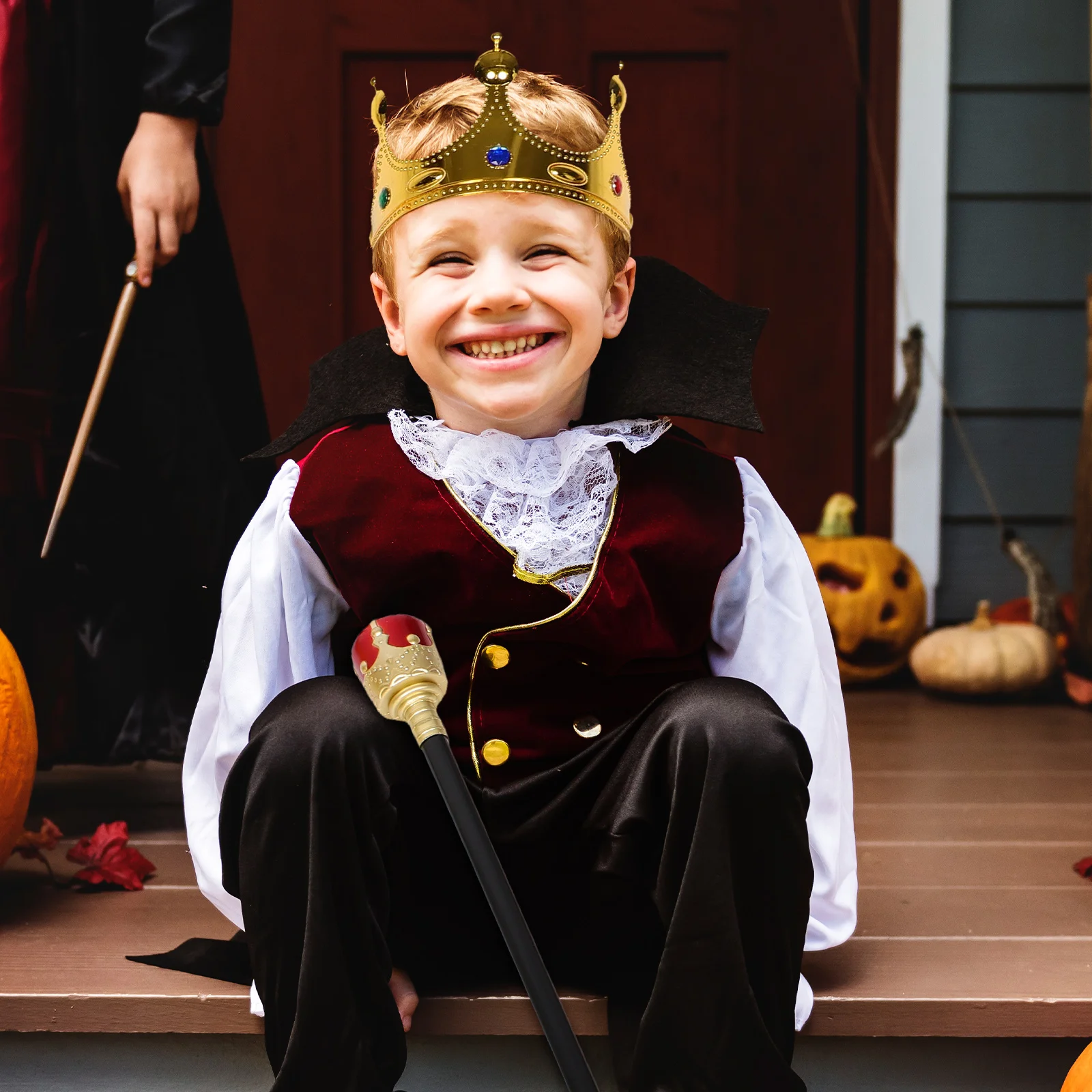 

3 Pcs Golden Cloak Set Crown Cosplay Performance Props Halloween Costume Kit Prince Cane Child