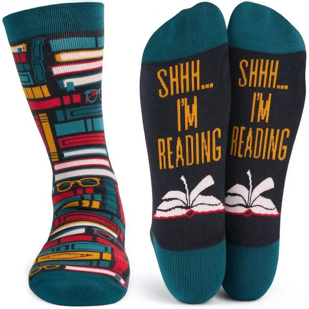 Men Crew Socks Shh I'm Reading Letter Print Color Block Socks Funny Book Lover Casual Daily Dress Socks