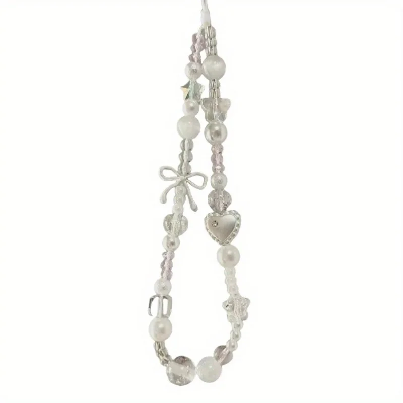 Korean Cute White Star Pearl Beads Phone Chain Trendy Pendant For iPhone Universal Accessories Lanyard Hanging Rope For Girl