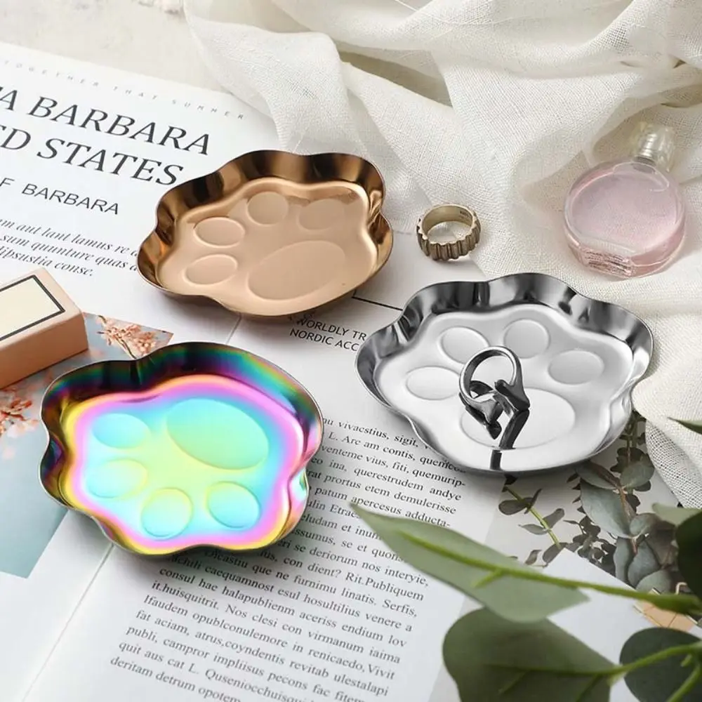 3pcs Stainless Steel Kitten Jewelry Tray Trinket Dish Small Cat Paw Ring Holder Earphone Key Organizer Decorative