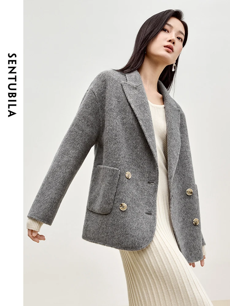 SENTUBILA Gray Woolen Coats for Elegant Women 2025 Winter Fashion Office Lady Double Breasted Pockets Oversized JacketsW44O56003