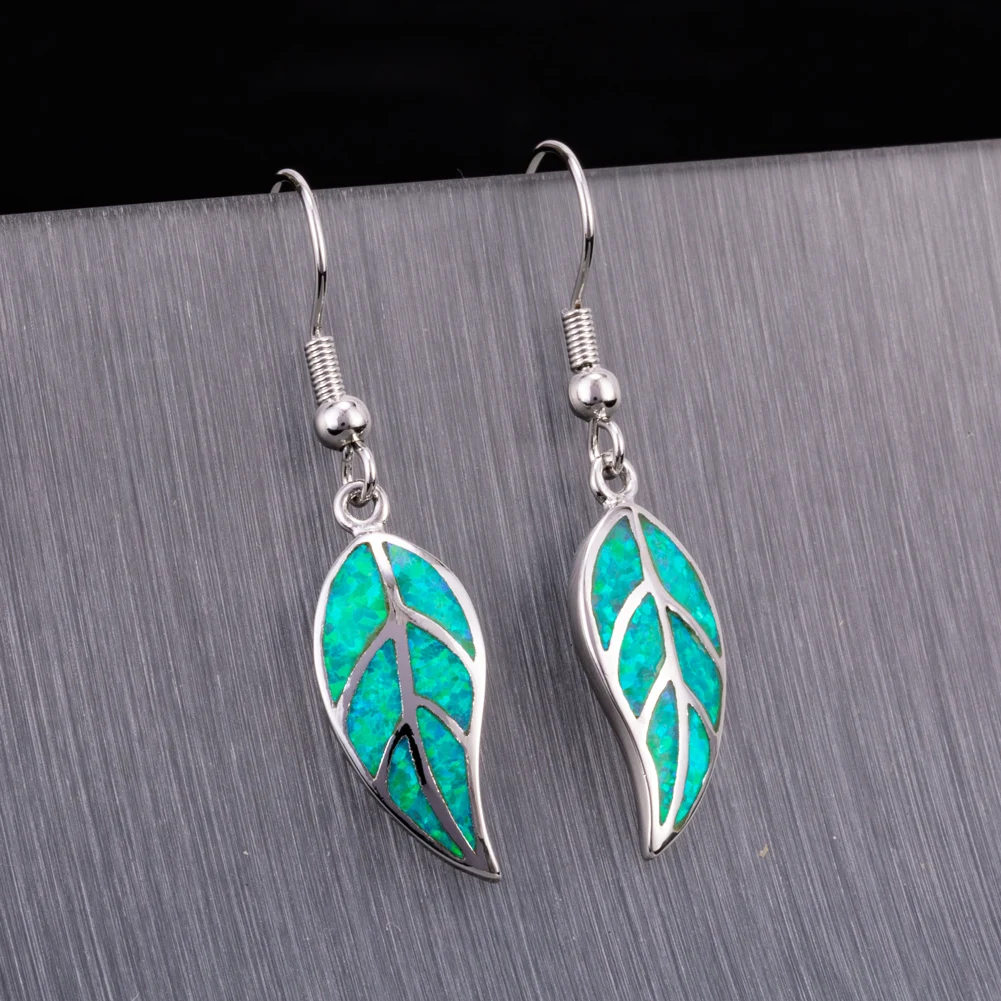 KONGMOON Nature Leaf Shape Kiwi Green Fire Opal Jewelry for Women Dangle Drop Earrings