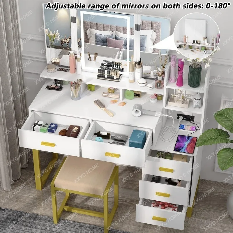 Vanity Set with Tri-fold Makeup Mirror, Large Vanity Desk Makeup Vanity with 3-Color Adjustable Touch Light