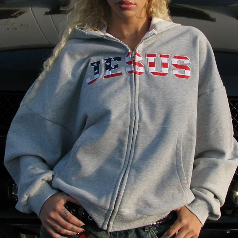 Autumn and winter American loose fashion street casual personality letter colorful printed hooded cardigan sweatshirt