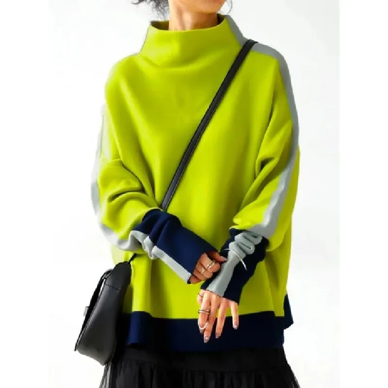 Women's Fashion Contrast Color High Neck Oversized Sweatshirt 2026 New Spring Long Sleeves Casual Trendy Plus Size Tops
