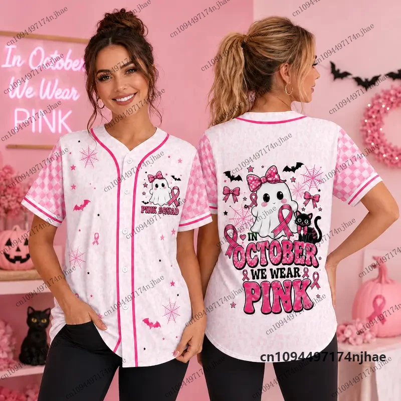 Tops2026 New Halloween Cartoon Pink Ghost Print Blouse Women Men Streetwear Baseball Shirt Hip Hop Short Sleeve Button Up Tops