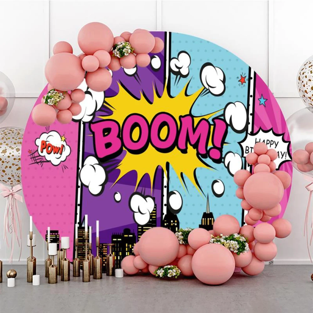 مباني مدينة البطل الخارق غطاء خلفية مستديرة بطل السوبر استحمام الطفل الاطفال حفلة عيد ميلاد ديكور دائرة التصوير الخلفية