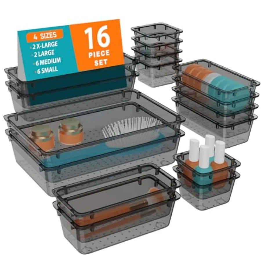 

16 PCS Clear Plastic Drawer Organizer Set, 4 Sizes Desk Drawer Organization and Storage Containers for Makeup, Cosmetics, Jewel