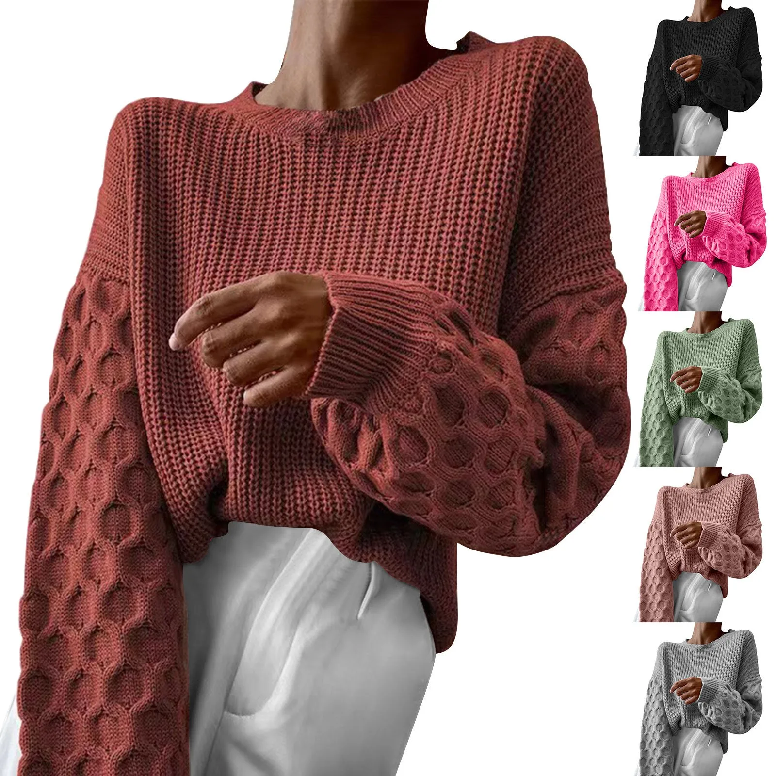 Womens 2023 Fall Fashion Pullover Sweaters Crewneck Long Sleeve Cable Knit Sweater Casual Chunky Jumper Tops