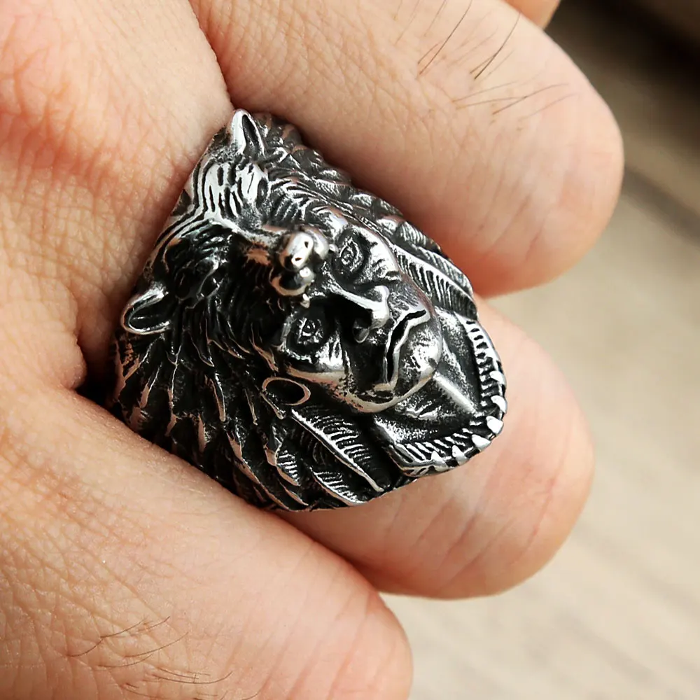 Unique Vintage Indian Warrior Biker Ring For Men 316L Stainless Steel Viking Wolf Head Rings Punk Fashion Jewelry Gift Wholesale