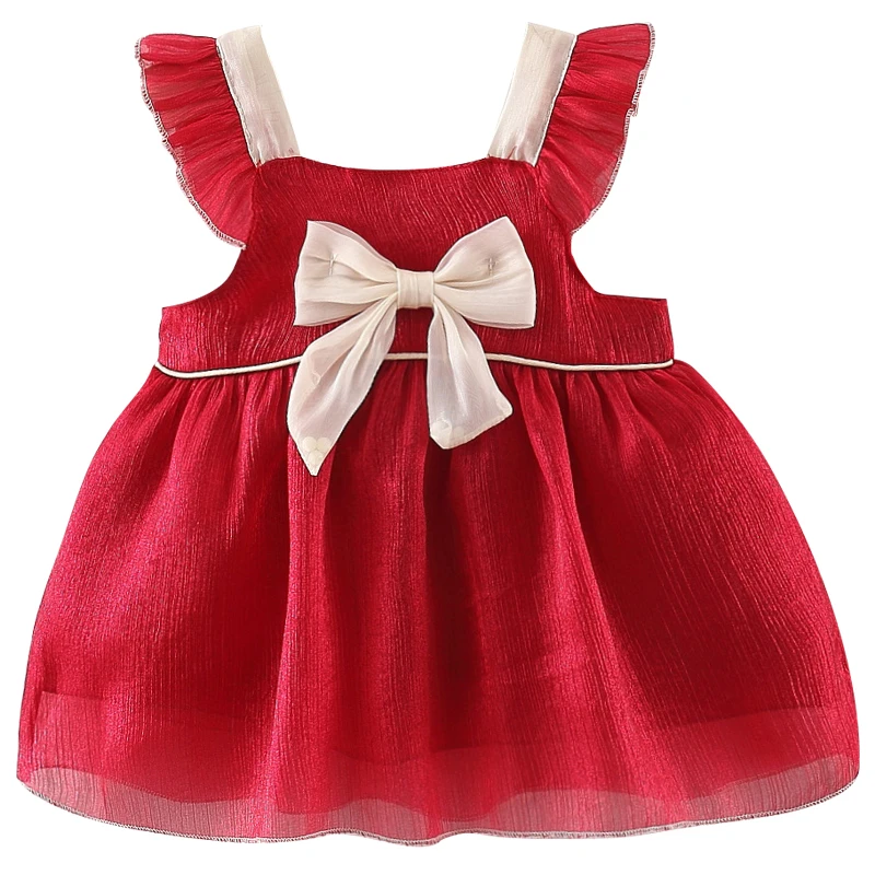 

Toddler Summer Dresses Baby Girl 1st Birthday Outfit korean Cute Bow Mesh Sleeveless Red Princess Dress Newborn Clothes BC2405