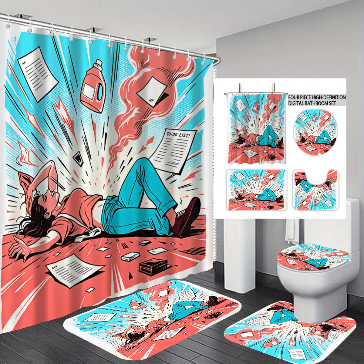 Retro Comic Style Explosion Print 4 Piece Set Pink Cartoon Shower Curtain Non-slip Bath Mat Soft Towel Bathroom Decor Set