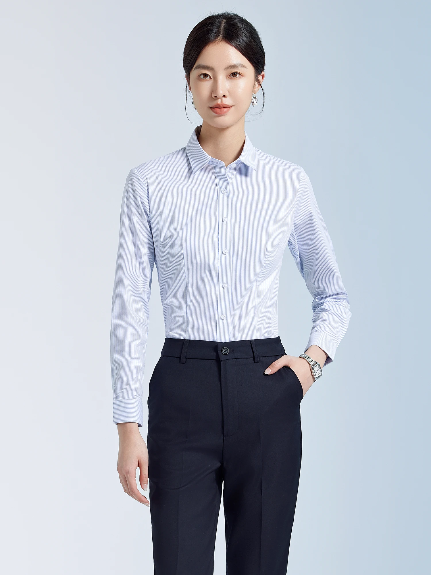 

Business Casual Long Sleeve Slim Fit Striped Shirt for Women Commute Professional Elegant High End Fashion Polyester Blend