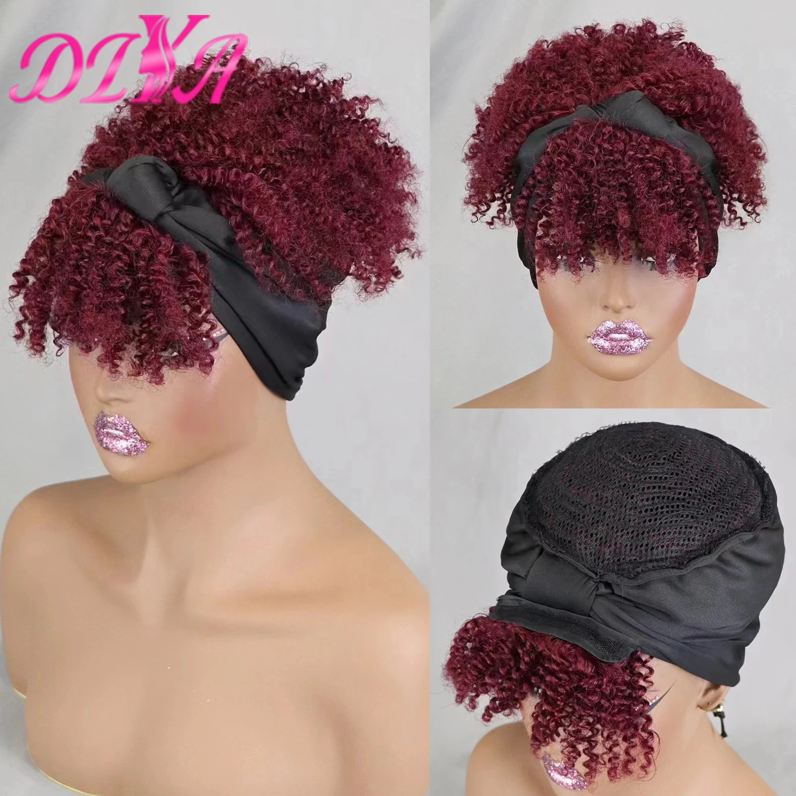 

Human Hair Scarf Wig with Bangs 99J Burgundy Afro Kinky Curly Human Hair Wig 200% Density Headband Wigs for Black Women